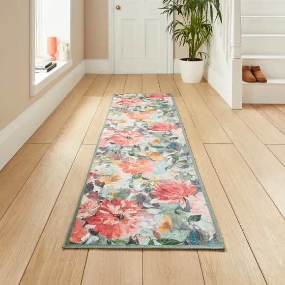 Tahiti Floral Washable Rug - Teal/Rouge product
