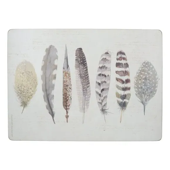 Set of 4 Feather Print Wooden Placemats - Grey alternate view