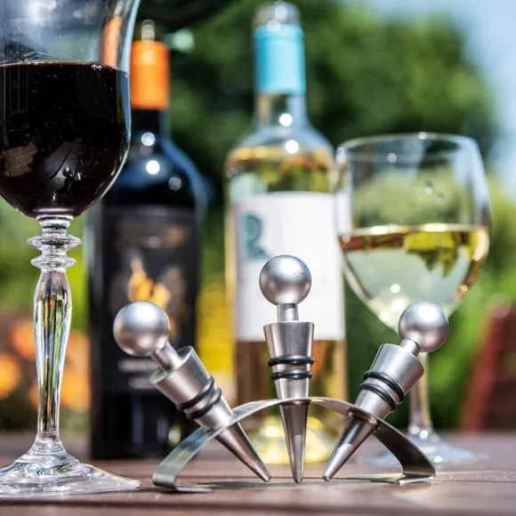 CellarDine 3-Piece Wine Stopper Set with Stand - Silver product