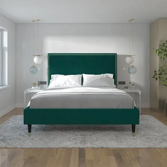 Upholstered Bed Frame with Studded Border - Green, Velvet alternate view