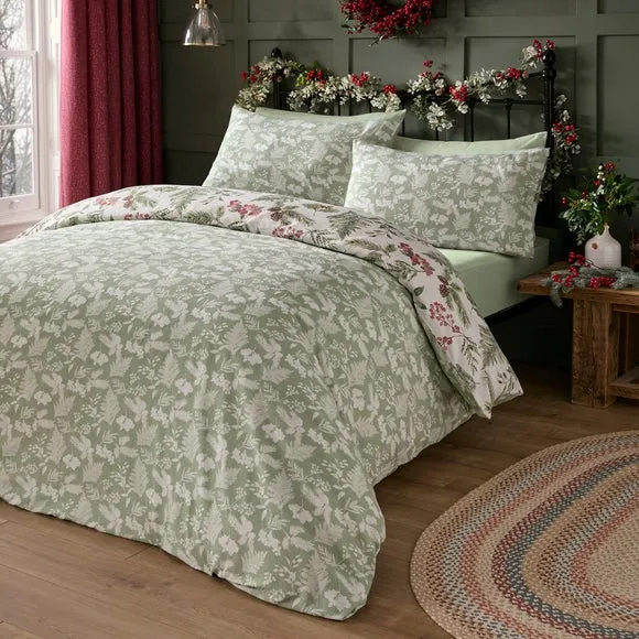 Winter Sprigs Duvet Cover Set with Pillowcase - Green, Cotton by Dunelm, image 3