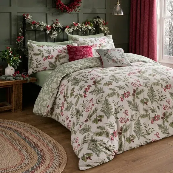 Winter Sprigs Duvet Cover Set with Pillowcase - Green, Cotton by Dunelm, image 5