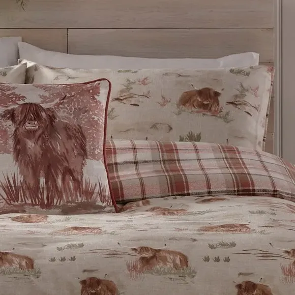 Lodge Hanson Highland Cow Duvet Cover & Pillowcase Set - Terracotta, Brushed Cotton alternate view