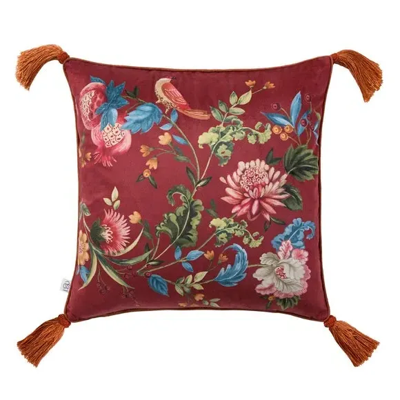 Square Cushion with Tassels - Red, Velvet alternate view