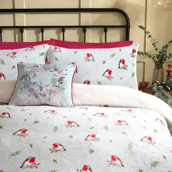 Winter Robin Duvet Cover & Pillowcase Set - Duck Egg Blue, Polyester alternate view