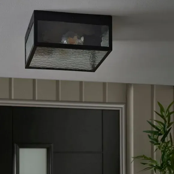 London Industrial 2-Light Flush Porch Ceiling Light - Black, Glass by Dunelm, alternate view