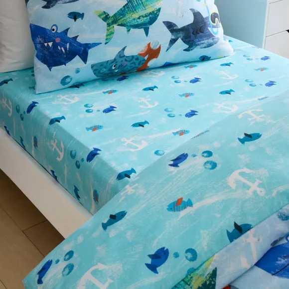 Funky Sharks Pack of 2 Fitted Bed Sheets - Blue, Polycotton alternate view