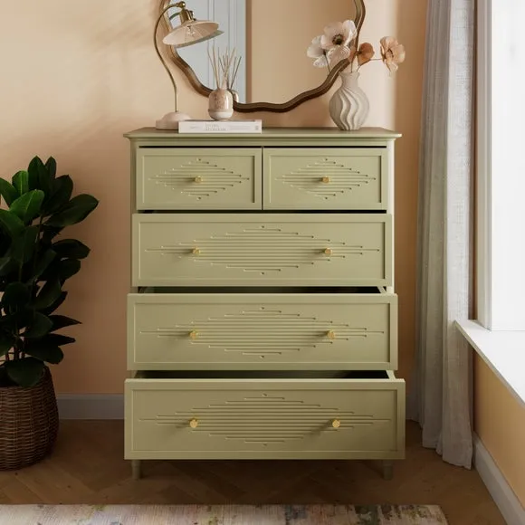 Ottilie 5-Drawer Chest with Gold Hardware - Soft Olive Green, Wood by Dunelm, alternate view