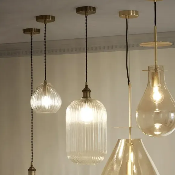 Abigail Tall Ribbed Glass Pendant Light - Clear, Brass alternate view