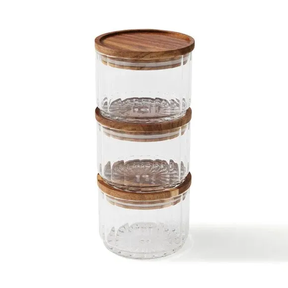 3-Piece Glass Storage Jars - Clear, Acacia alternate view