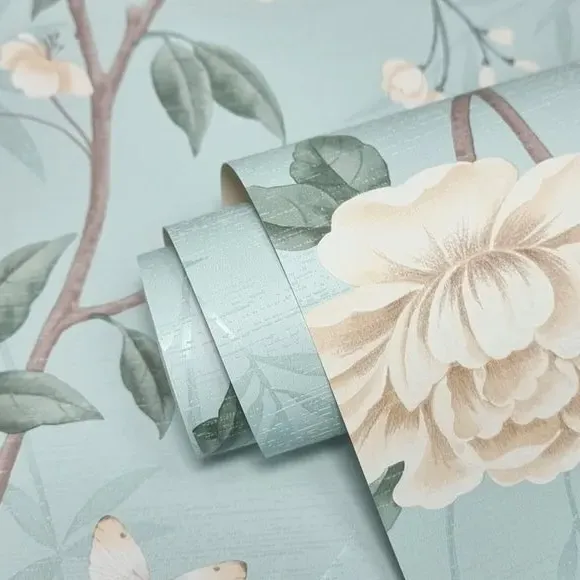 Akina Floral Trail Wallpaper - Duck Egg Blue alternate view
