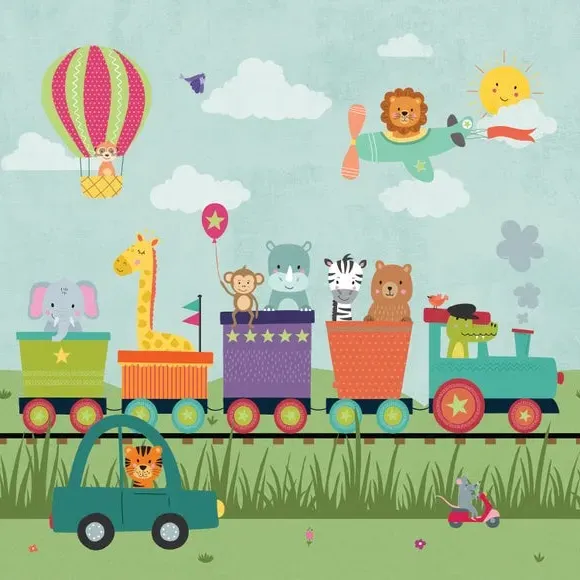 Animal Party Train Wall Mural - Multicolor, Paper alternate view