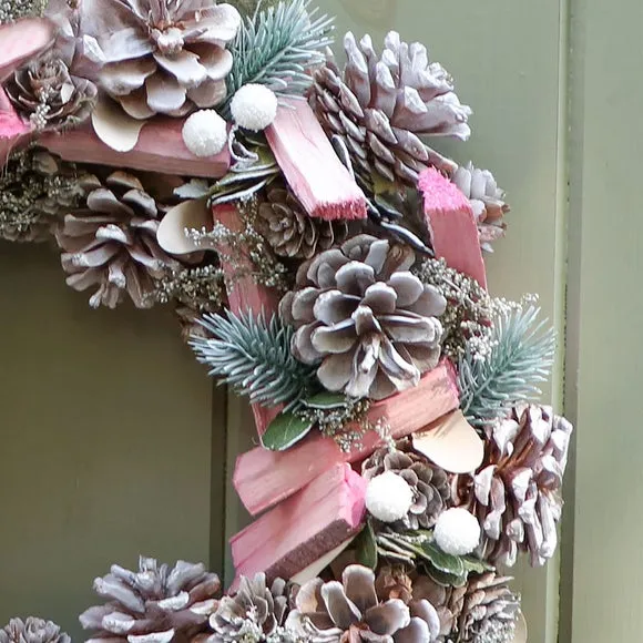 Artificial Wreath with Snow Effect - Pink, Wood alternate view