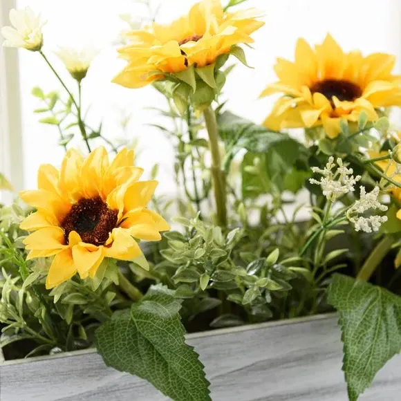 Artificial Sunflower Bouquet - Yellow, Wood Pot alternate view