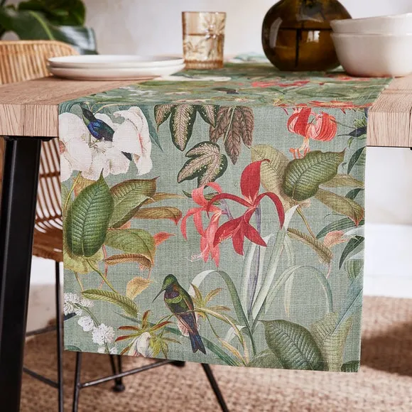 Botanical Bird Table Runner - Green, Cotton alternate view