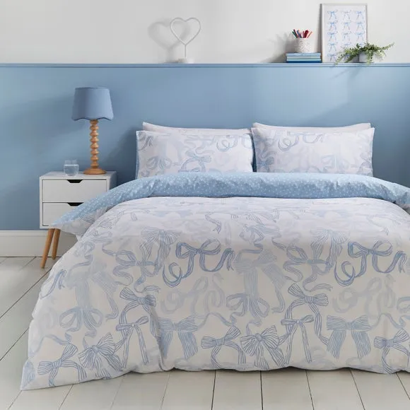 Bows Duvet Cover & Pillowcase Set - Blue, Polycotton product