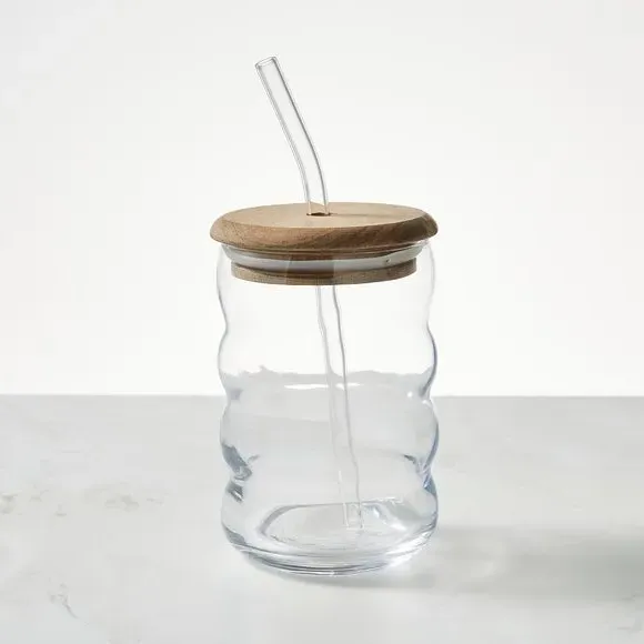 Bubble Glass Tumbler with Acacia Wood Lid & Straw - Clear