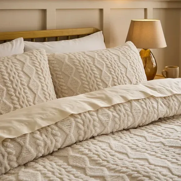 Cable Fleece Duvet Cover and Pillowcase Set - Cream alternate view