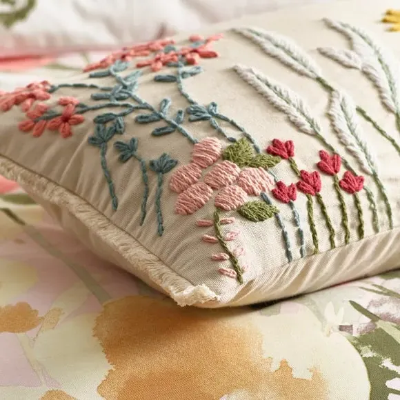 Floral Cushion with Embroidery - Natural alternate view