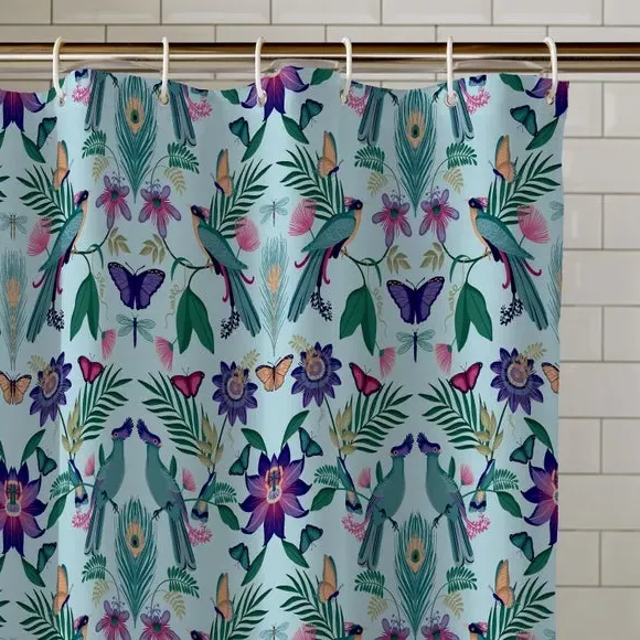 Mya Tropical Birds Shower Curtain - Duck Egg Blue alternate view