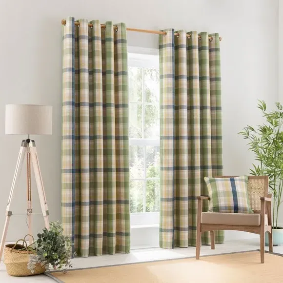 Check Eyelet Curtains with Lining - Green alternate view