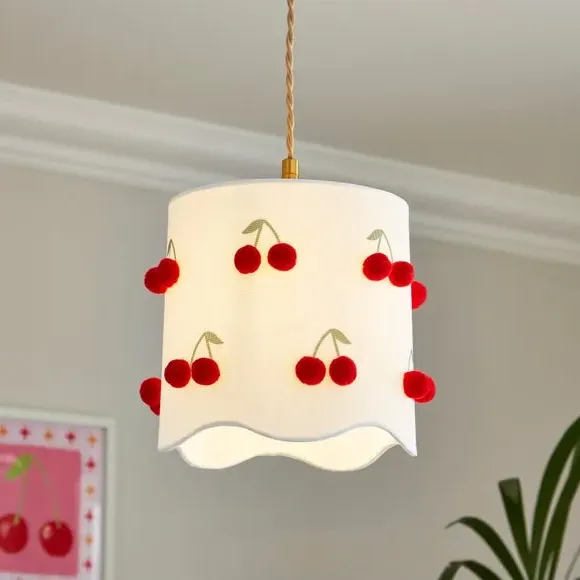 Cherry Pom Pom Scalloped Lamp Shade - Red, Polyester product