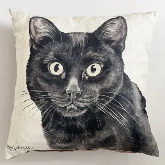 Square Cushion with Cat Print - Black, Polyester alternate view