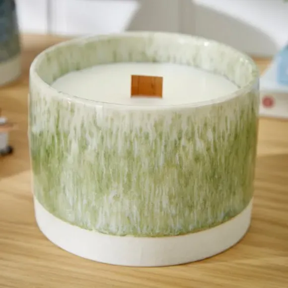 Crackle Candle with Wooden Wick - Green, Ceramic by Dunelm, image 3