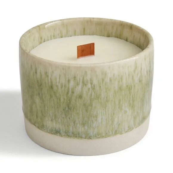 Crackle Candle with Wooden Wick - Green, Ceramic by Dunelm, image 4