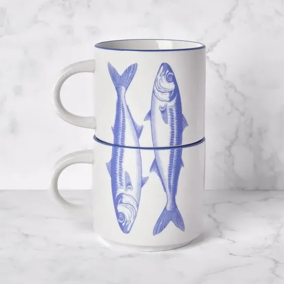Set of 2 Mugs with Fish Design - Blue, Porcelain alternate view