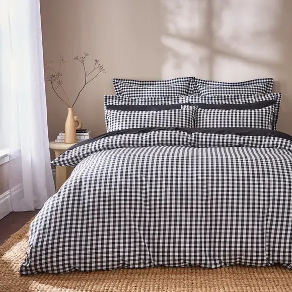 Portloe Continental Pillowcase Gingham - Black, Cotton by Dunelm, image 2