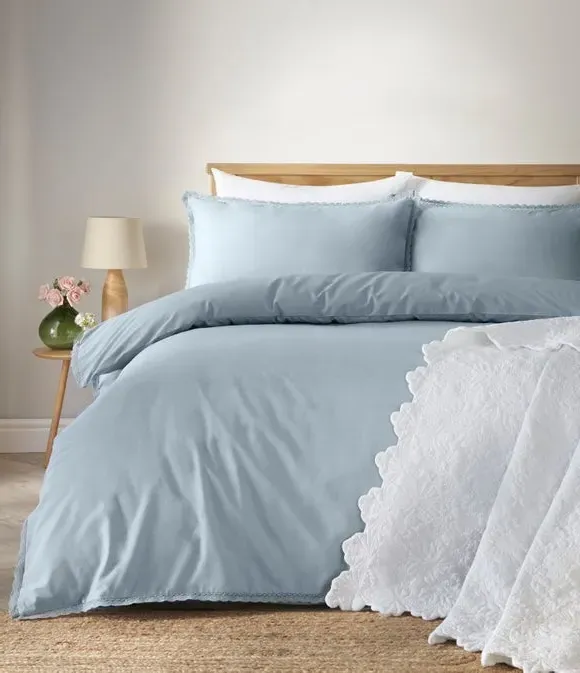 Cotton Lace Duvet Cover & Pillowcase Set - Sky Blue alternate view