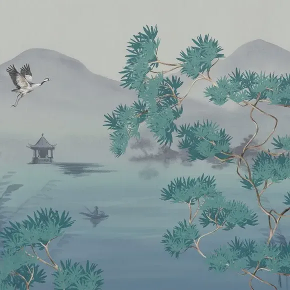 Japandi Cranes Wall Mural - Teal Blue alternate view
