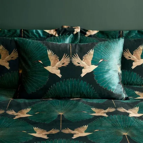 Luxe Cranes Duvet Cover and Pillowcase Set - Emerald, Polyester alternate view