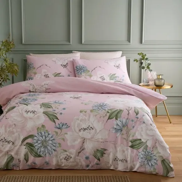 Cranes Floral Duvet Cover & Pillowcase Set - Powder Pink, Cotton product