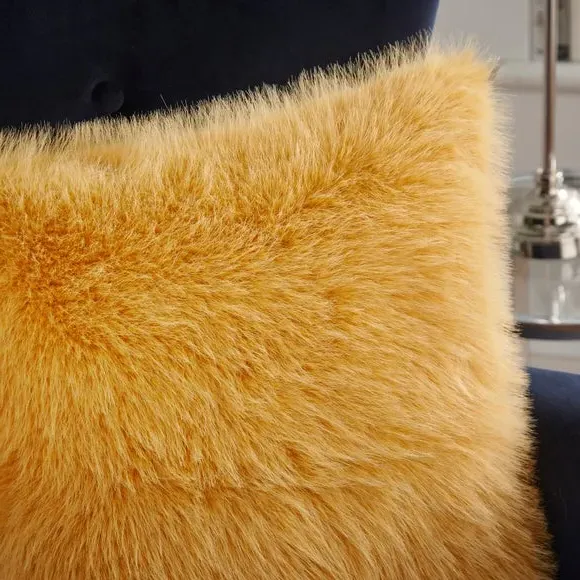 Cushion Cover with Faux Fur - Ochre Yellow, Polyester alternate view