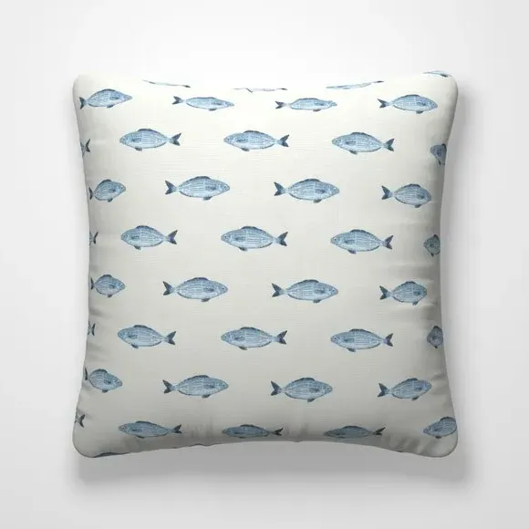 Cushion Cover with Fish Print - Blue, Cotton alternate view