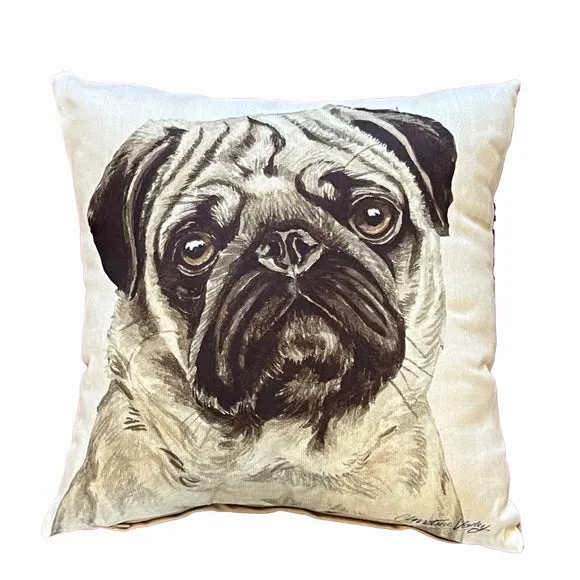 Square Cushion with Pug Print - Cream, Suede alternate view