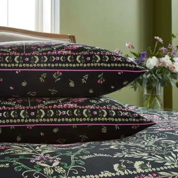 Standard Pillowcase Pair Botanical Panel - Black, Cotton Sateen by Dunelm, image 3