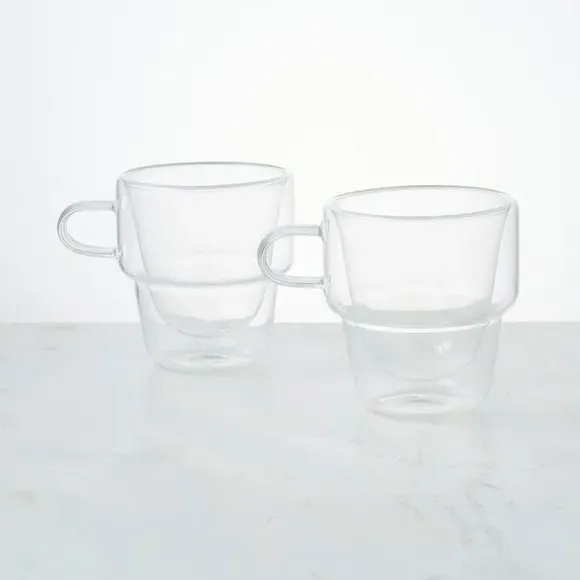 Double Walled Stackable Coffee Glasses, Pack of 2 - Clear, Borosilicate Glass