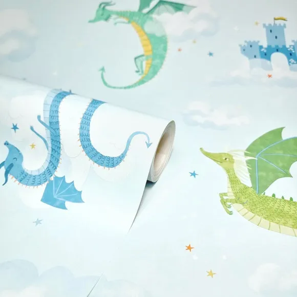 Dragon Print Wallpaper - Blue, Matte Finish alternate view