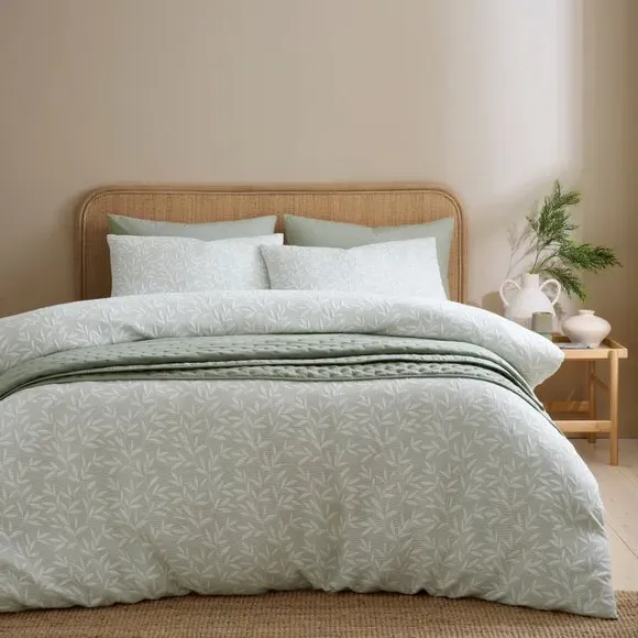 Ecton Leaf Jacquard Duvet Cover & Pillowcase Set - Sage Green, Microfibre alternate view