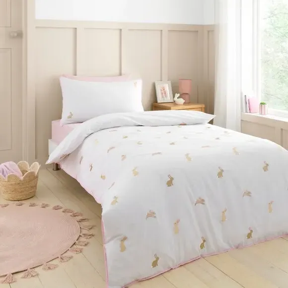Embroidered Bunnies Quilt Cover & Pillowcase Set - White, Cotton product
