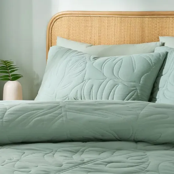 Tropical Leaf Embroidered Duvet Cover and Pillowcase Set - Sage Green, Microfibre alternate view
