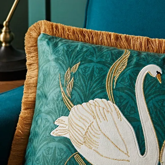 Embroidered Swan Cushion - Teal Green, Velour alternate view