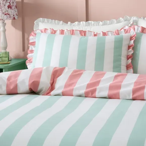 Emmy Frilled Stripe Duvet Cover and Pillowcase Set - Aqua Blue, Cotton alternate view