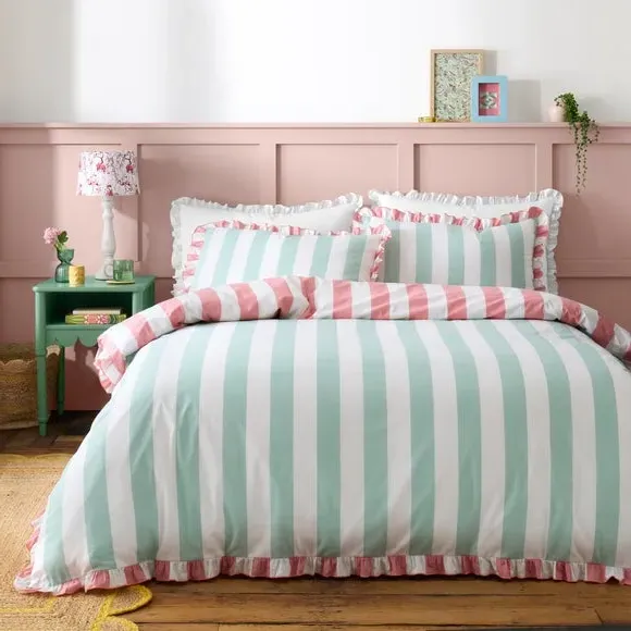 Emmy Frilled Stripe Duvet Cover and Pillowcase Set - Aqua Blue, Cotton product