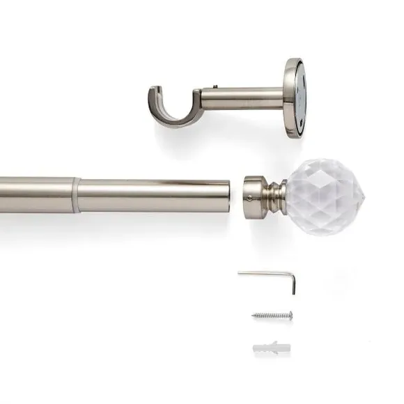 Extendable Curtain Pole with Faceted Ball Finial - Satin Steel Silver alternate view