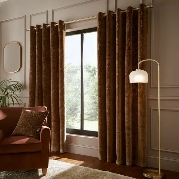 Eyelet Curtains with Cut Velvet - Chocolate, Velvet by Dunelm, image 2