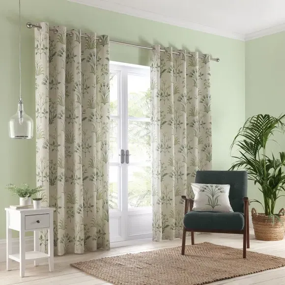 Eyelet Curtains with Floral Print - Green alternate view